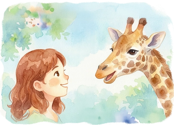 赤毛の女の子とキリンが向かい合う、柔らかいタッチのイラスト