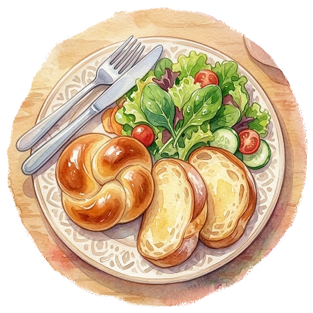 ふかふかのパンとトースト二枚、ミニトマトのサラダが乗せられたプレートの柔らかいタッチのイラスト