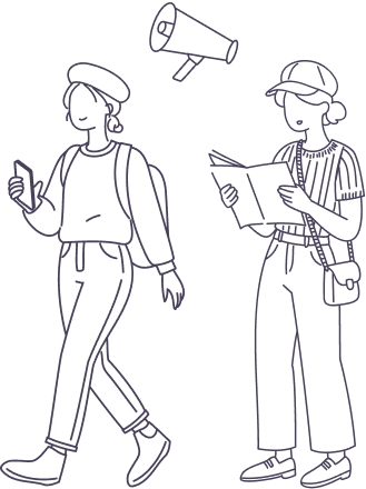 マップを広げて楽しげに歩く2人組のイラスト